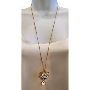 J. Crew Crystal Flower/Floral Pendant Necklace 30"-32" ~ Signed Jewelry